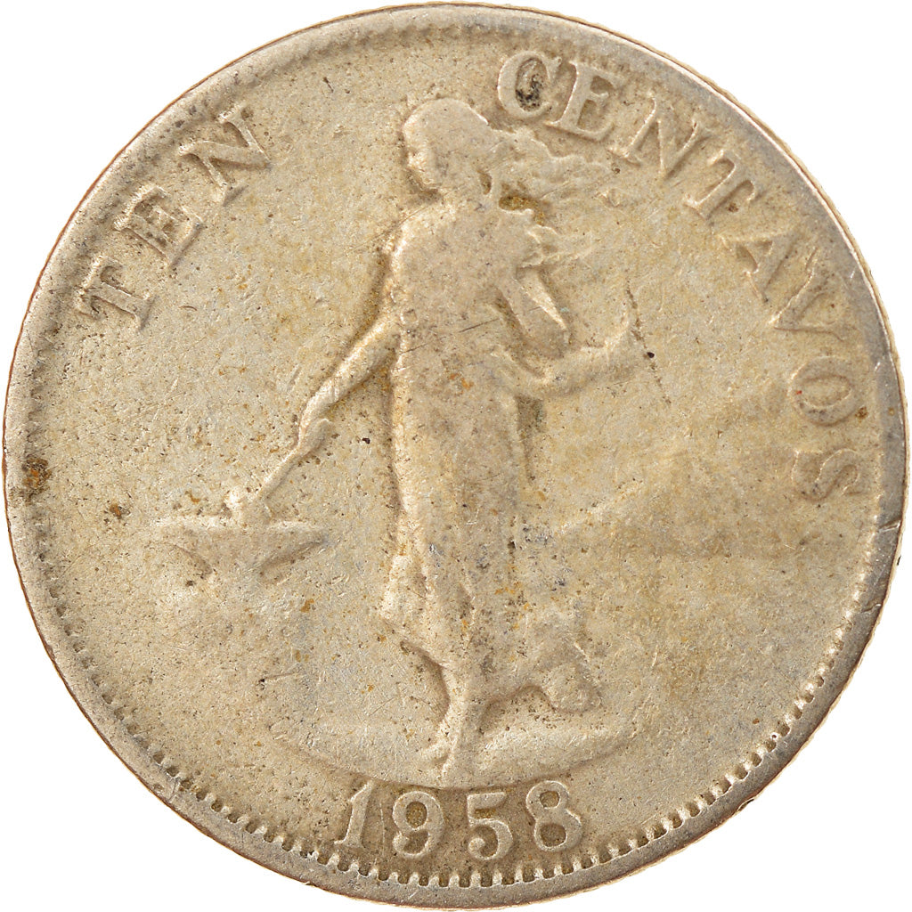 Moeda, Filipinas, 10 Centavos, 1958, VF(30-35), Cobre-Níquel-Zinco, KM:188