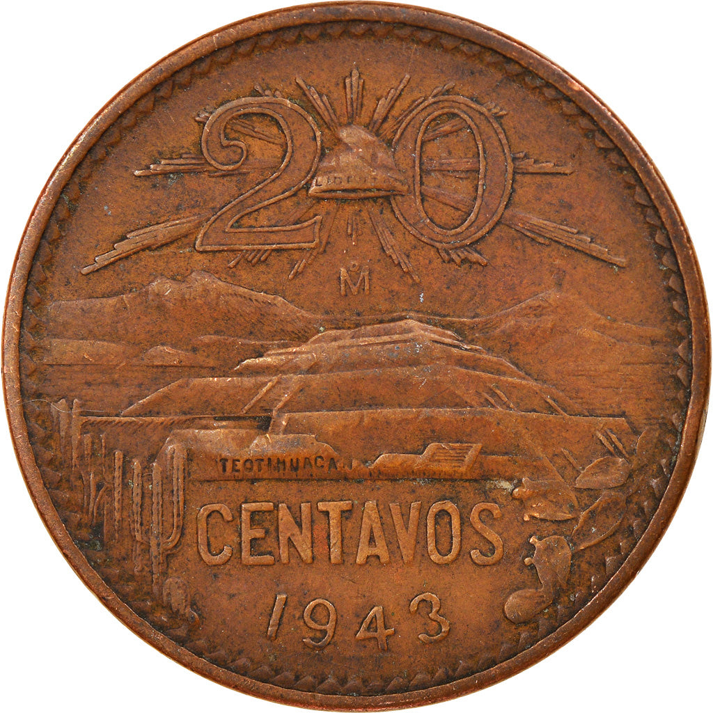 Coin, Mexico, 20 Centavos, 1943, Mexico City, EF(40-45), Bronze, KM:439