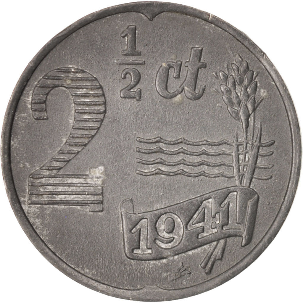 NETHERLANDS, 2-1/2 Cent, 1941, KM #171, EF(40-45), Zinc, 20, 2.78
