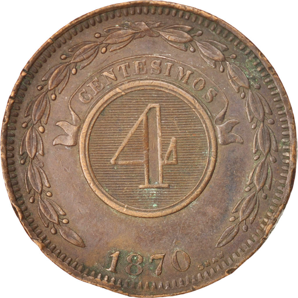 PARAGUAY, 4 Centesimos, 1870, KM #4.1, VF(30-35), Copper, 20.17