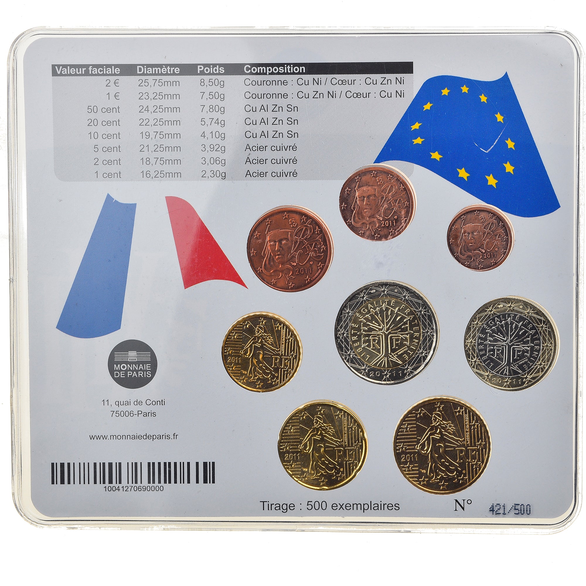 Frankreich, 1 Cent to 2 Euro, XIII, 2011, Paris, BU, STGL