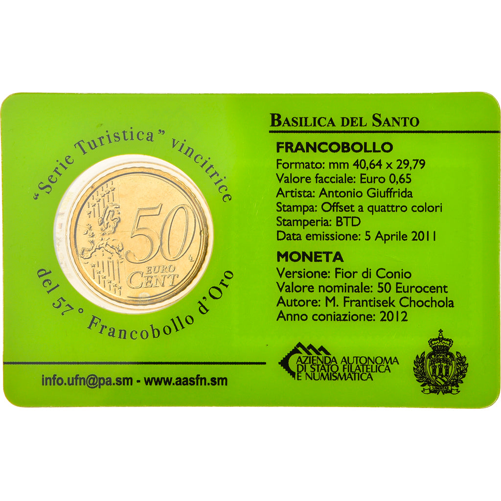 San Marino, 50 Euro Cent, Basilique del Santo, 2012, Rome, Stamp and coin card