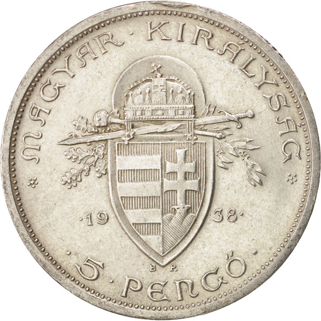 HUNGARY, 5 Pengo, 1938, KM #516, AU(50-53), Silver, 36, 24.93