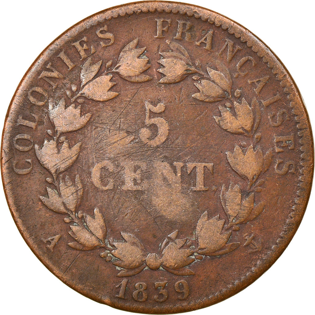 Moneta, Colonie francesi, Louis - Philippe, 5 Centimes, 1839, Paris, MB, Bronzo