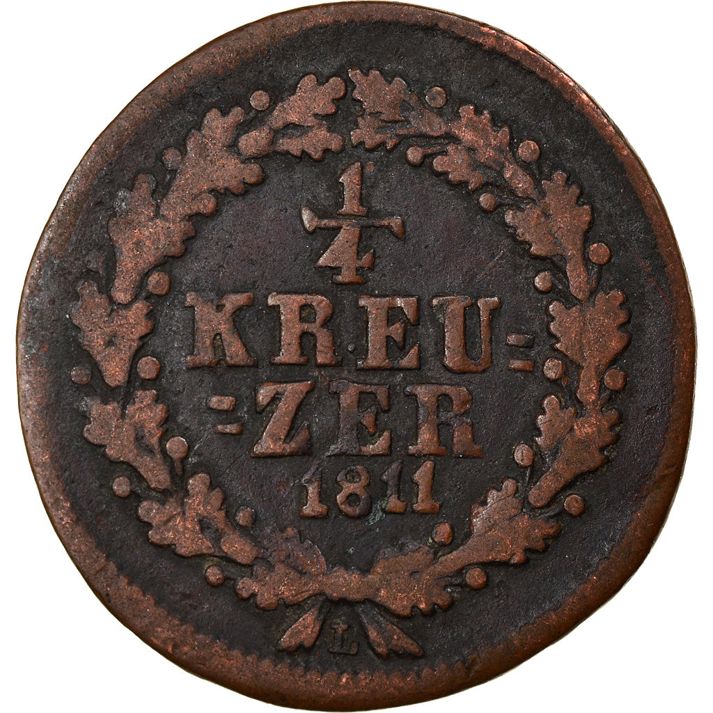 Moneta, Stati tedeschi, NASSAU, 1/4 Kreuzer, 1811, Usingen, MB+, Rame, KM:9