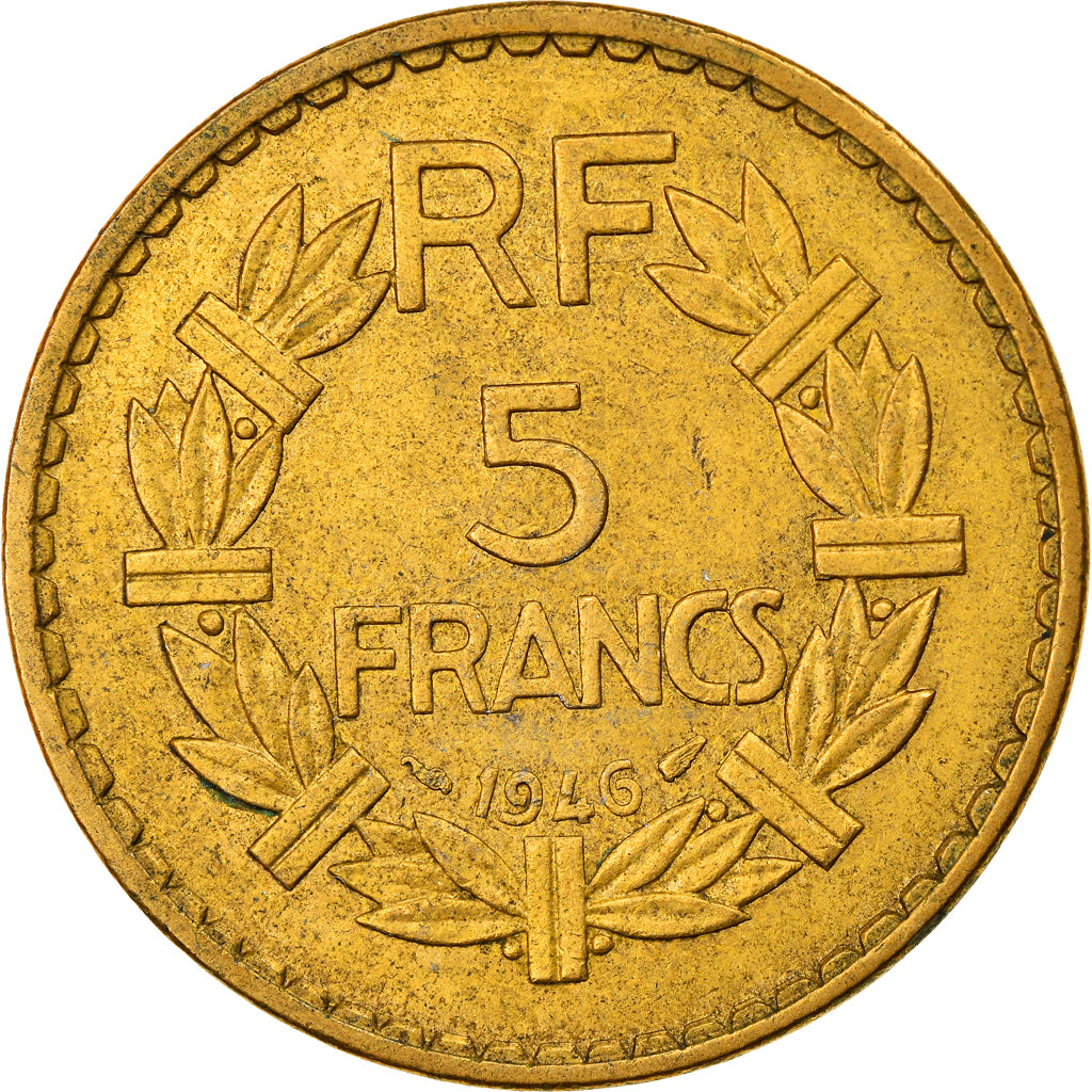 Moneda, Francia, Lavrillier, 5 Francs, 1946, Paris, BC+, Aluminio - bronce