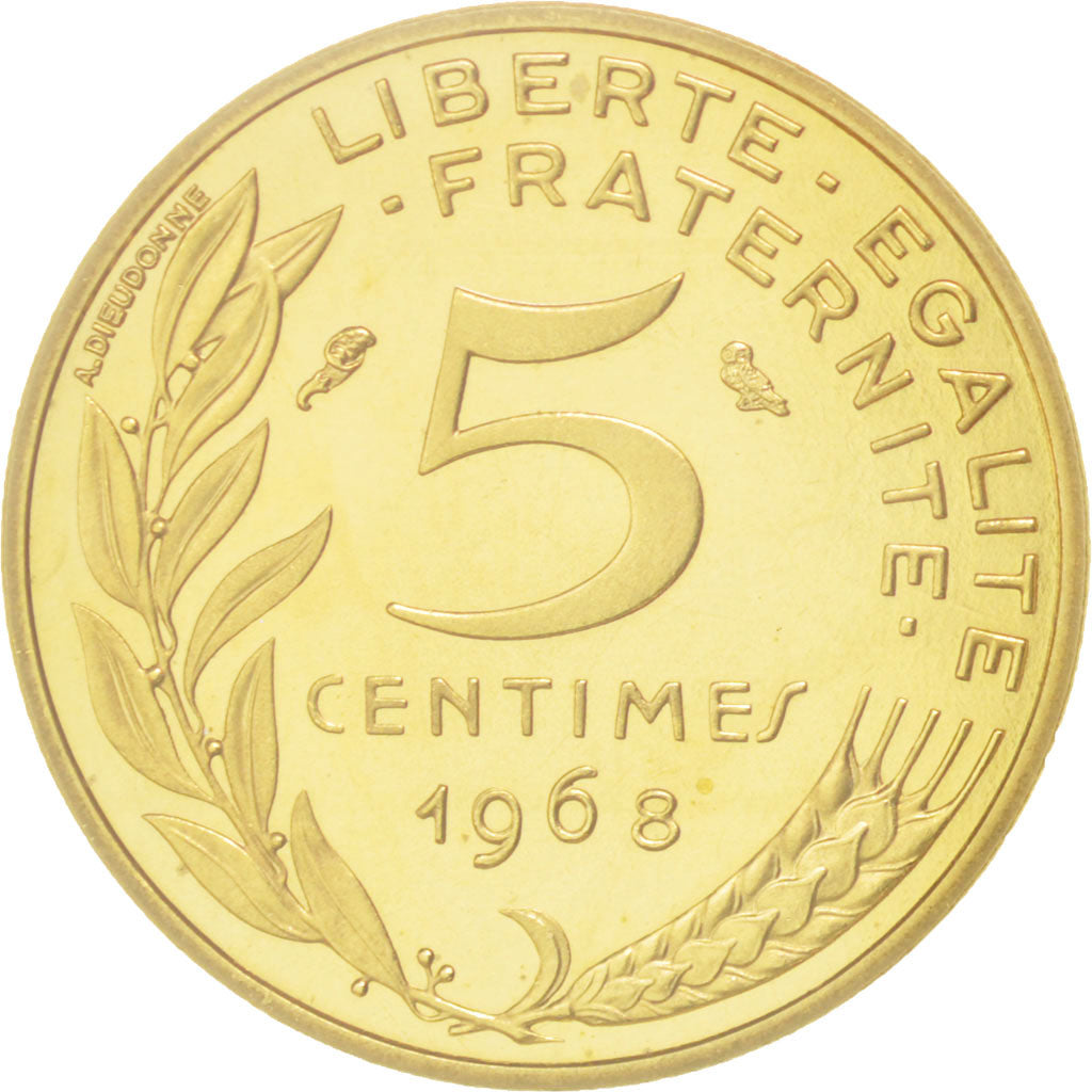 Coin, France, 5 Centimes, 1968, MS(65-70), Aluminum-Bronze, KM:P389