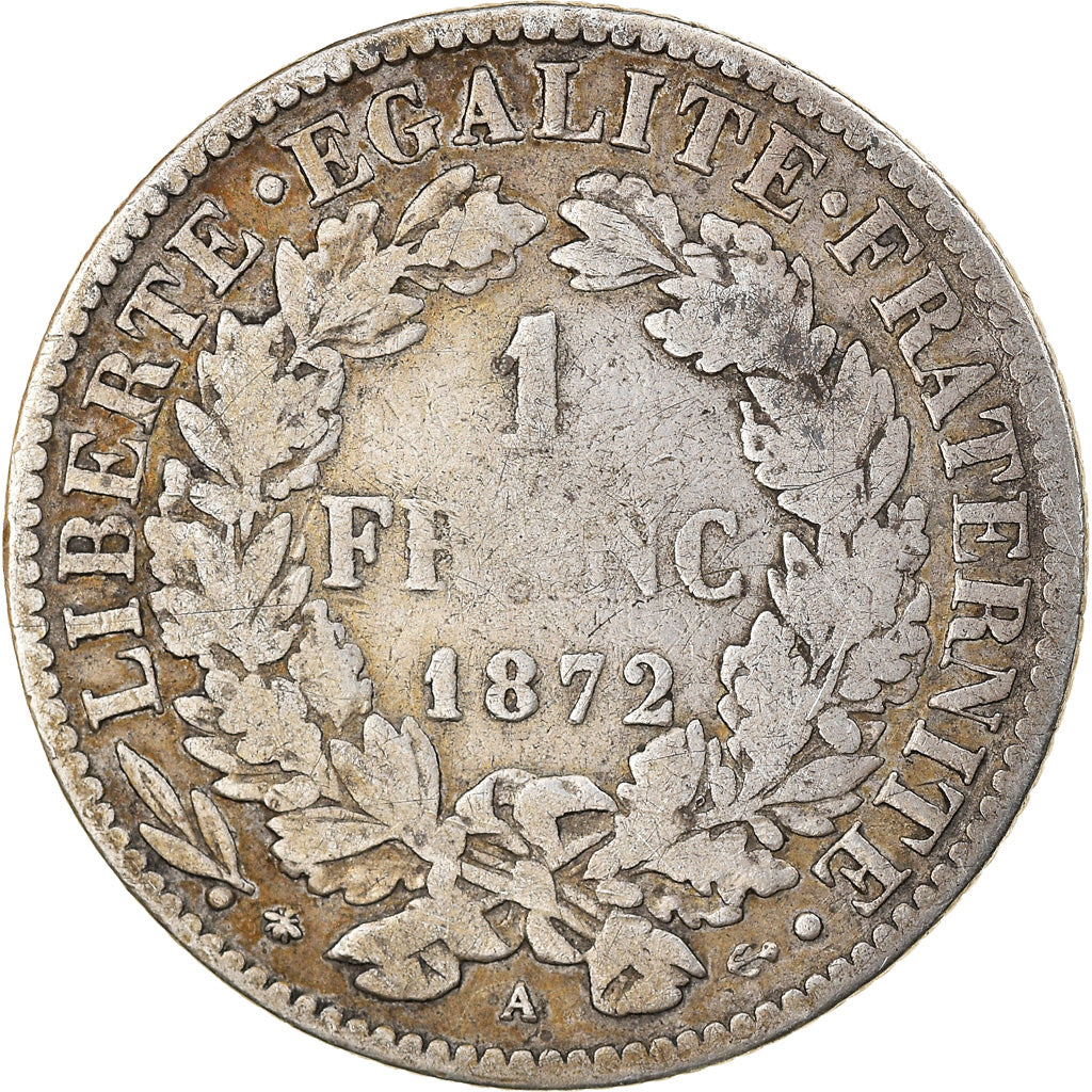 Coin, France, Cérès, Franc, 1872, Paris, VF(20-25), Silver, KM:822.1
