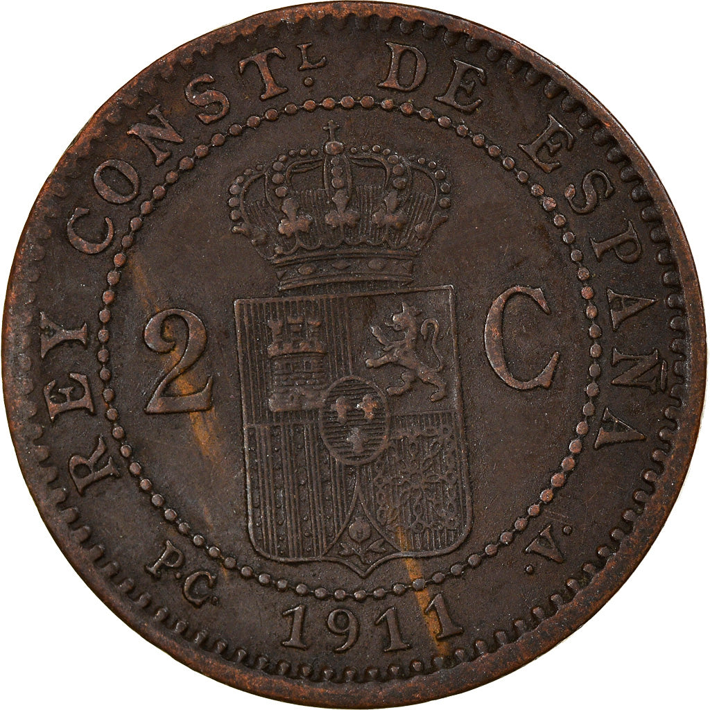 Moneta, Spagna, Alfonso XIII, 2 Centimos, 1911, Madrid, BB, Rame, KM:732