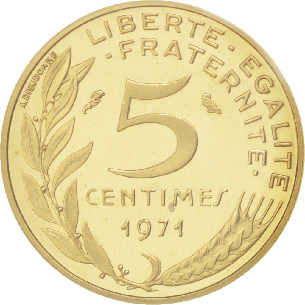 FRANCE, 5 Centimes, 1971, KM #P415, MS(65-70), Aluminum-Bronze, Gadoury #22.P1,.