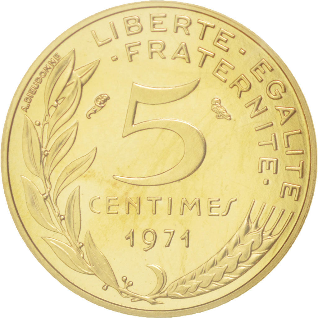 Coin, France, 5 Centimes, 1971, MS(65-70), Aluminum-Bronze, KM:P415