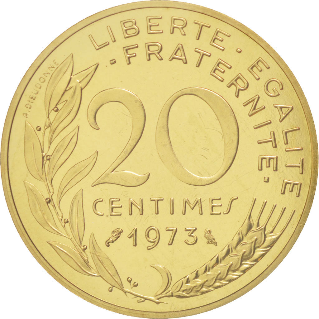 FRANCE, 20 Centimes, 1973, KM #P470, MS(65-70), Aluminum-Bronze, Gadoury...