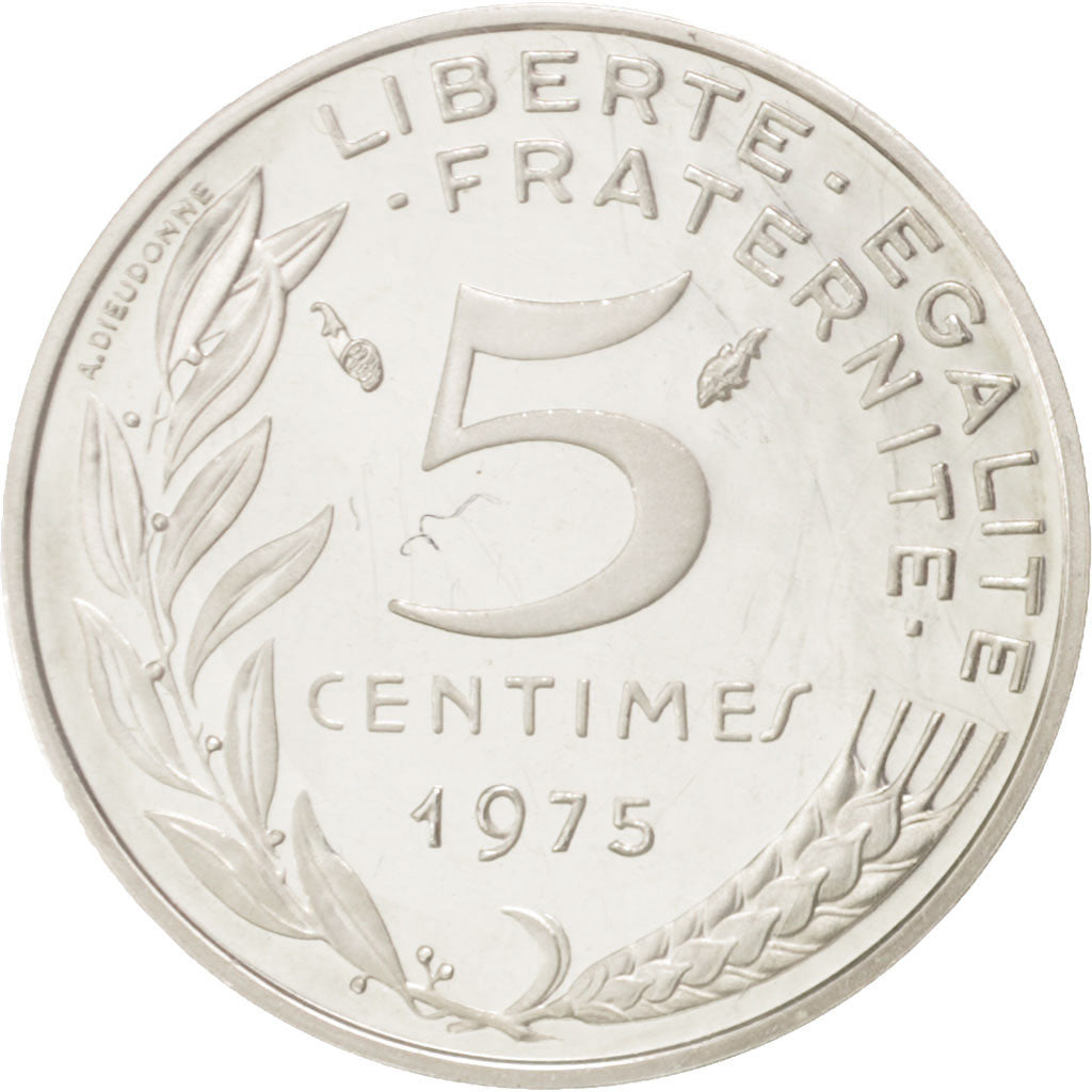 FRANCE, 5 Centimes, 1975, KM #P516, MS(65-70), Silver, Gadoury #22.P2, 5.00