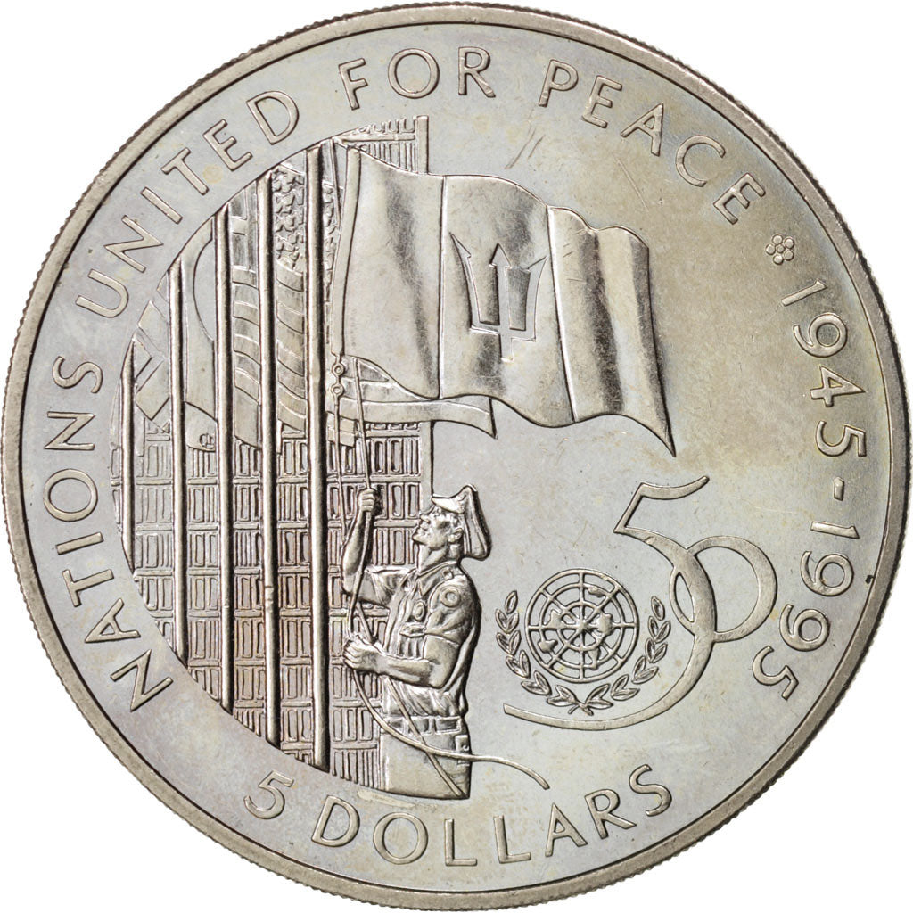 BARBADOS, 5 Dollars, 1995, KM #62, MS(63), Copper-Nickel, 28.62