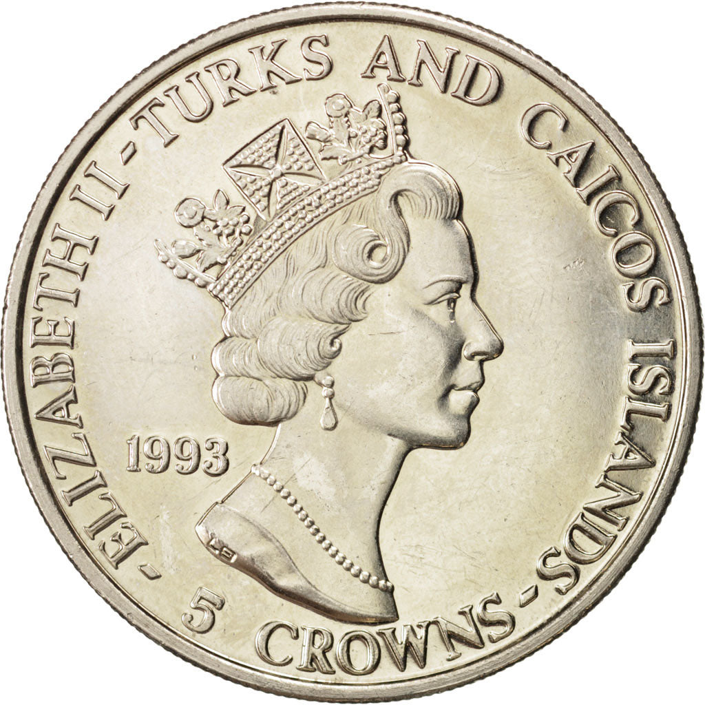 TURKS & CAICOS ISLANDS, 5 Crowns, 1993, KM #128, MS(63), Copper-Nickel, 26.36