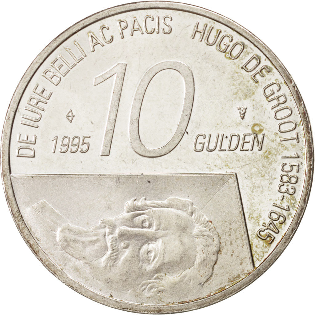 NETHERLANDS, 10 Gulden, 1995, KM #220, AU(55-58), Silver, 33, 15.08