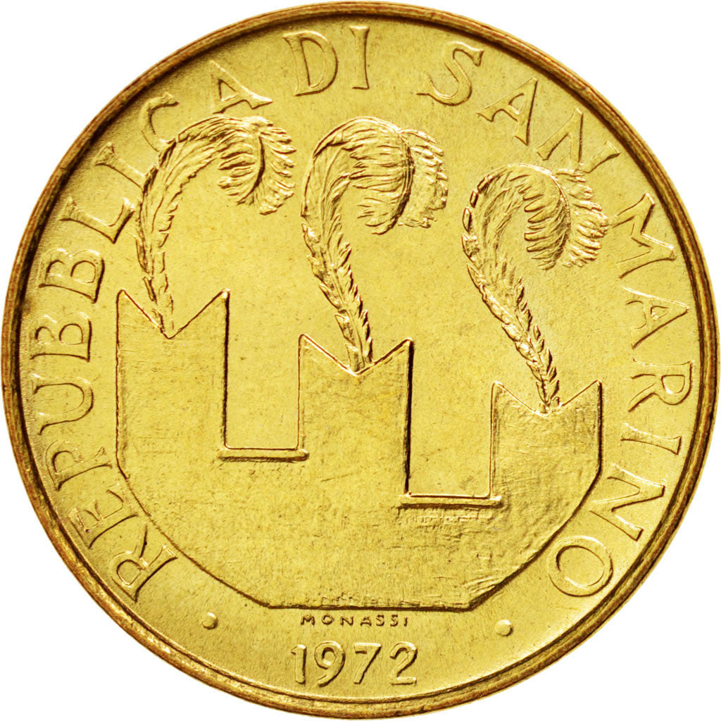 SAN MARINO, 20 Lire, 1972, KM #18, MS(63), Aluminum-Bronze, 21.25, 3.56