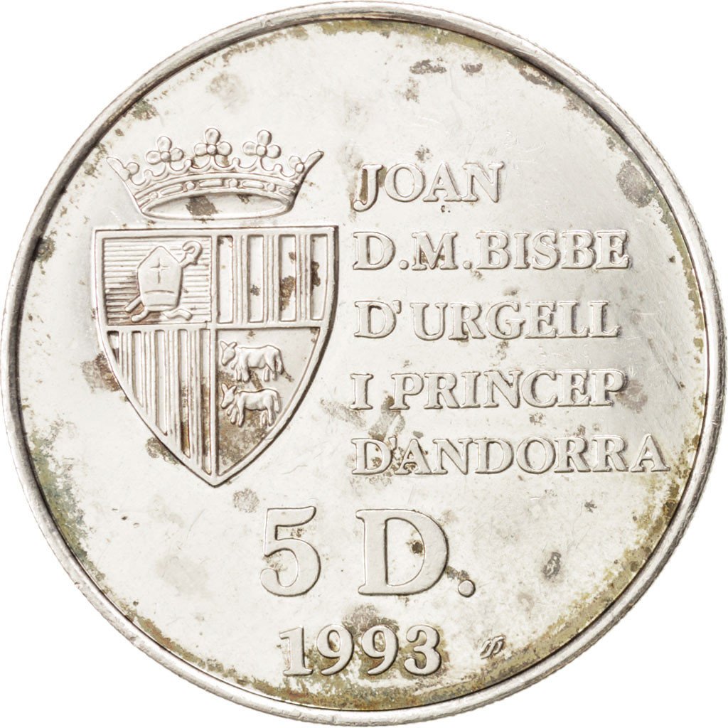 ANDORRA, 5 Diners, 1993, KM #80, AU(55-58), Silver, 30, 10.12