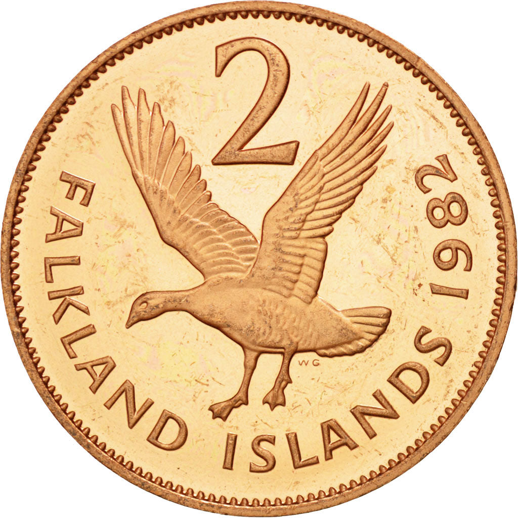 FALKLAND ISLANDS, 2 Pence, 1982, KM #3, MS(60-62), Bronze, 25.91, 7.19