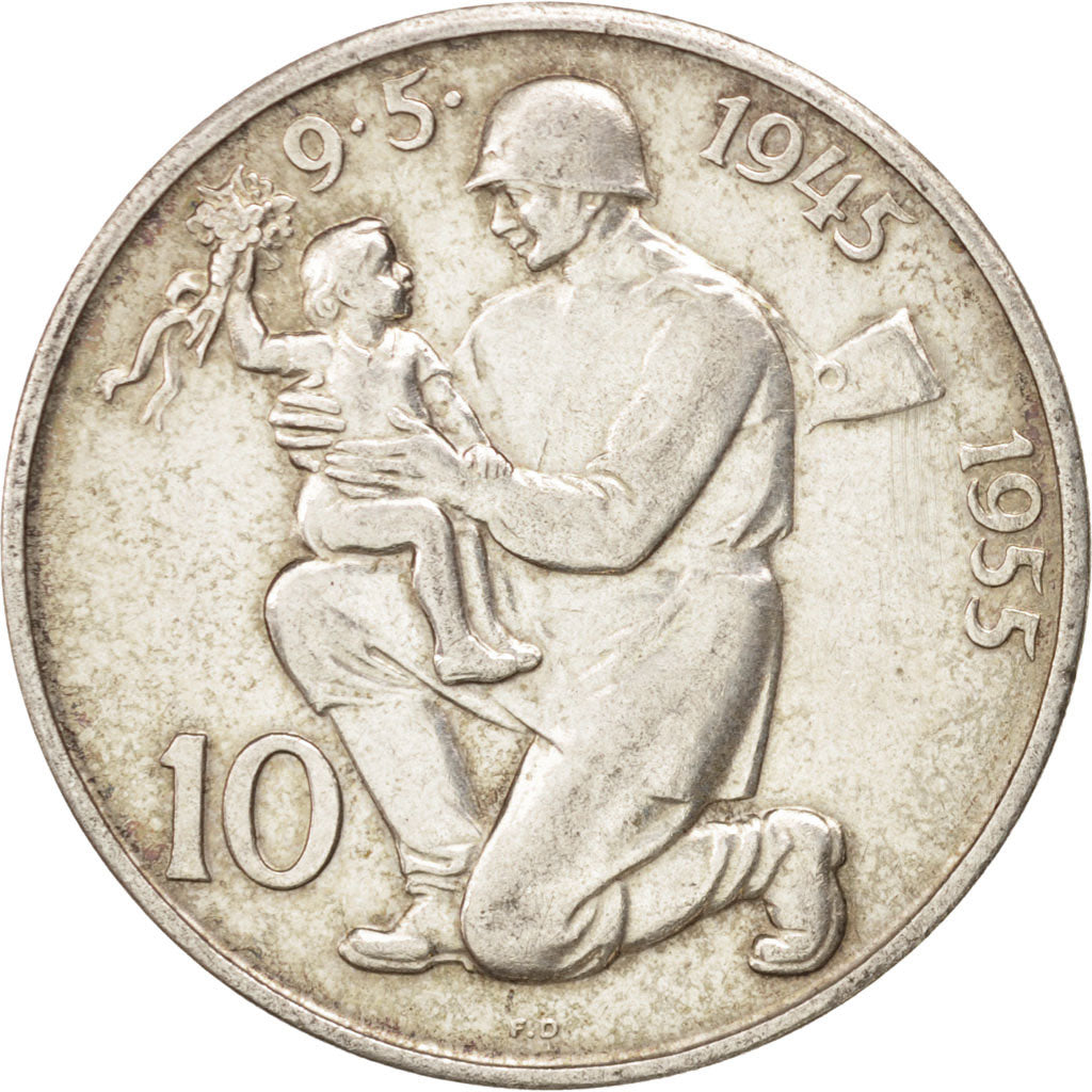 CZECHOSLOVAKIA, 10 Korun, 1955, KM #42, AU(55-58), Silver, 30, 12.08
