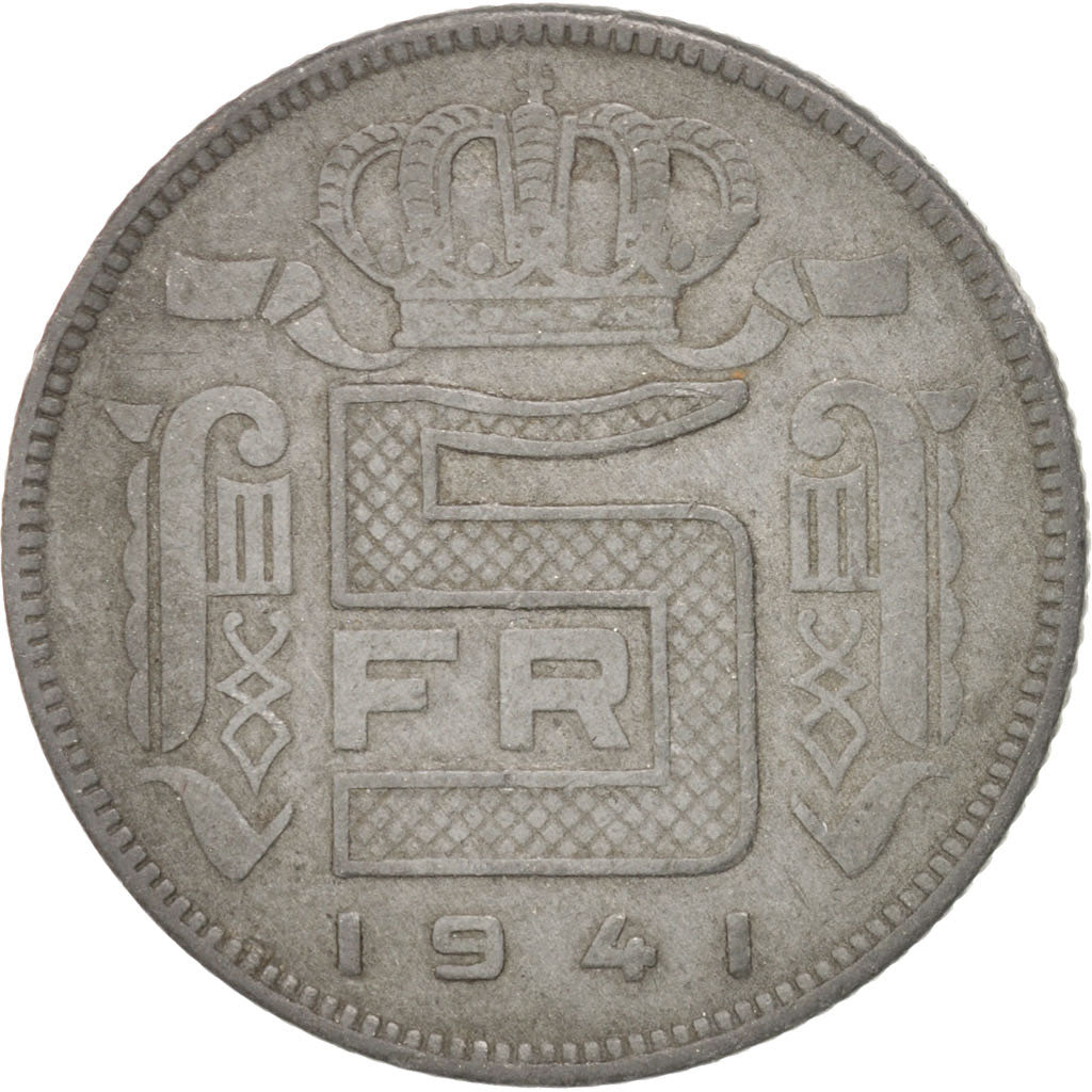BELGIUM, 5 Francs, 5 Frank, 1941, KM #130, EF(40-45), Zinc, 25, 6.00