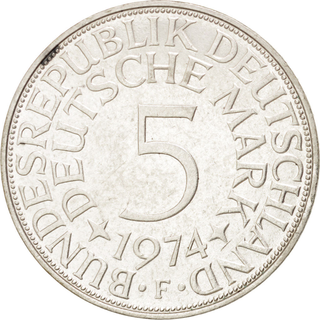 Moneta, GERMANIA - REPUBBLICA FEDERALE, 5 Mark, 1974, Stuttgart, SPL-, Argento