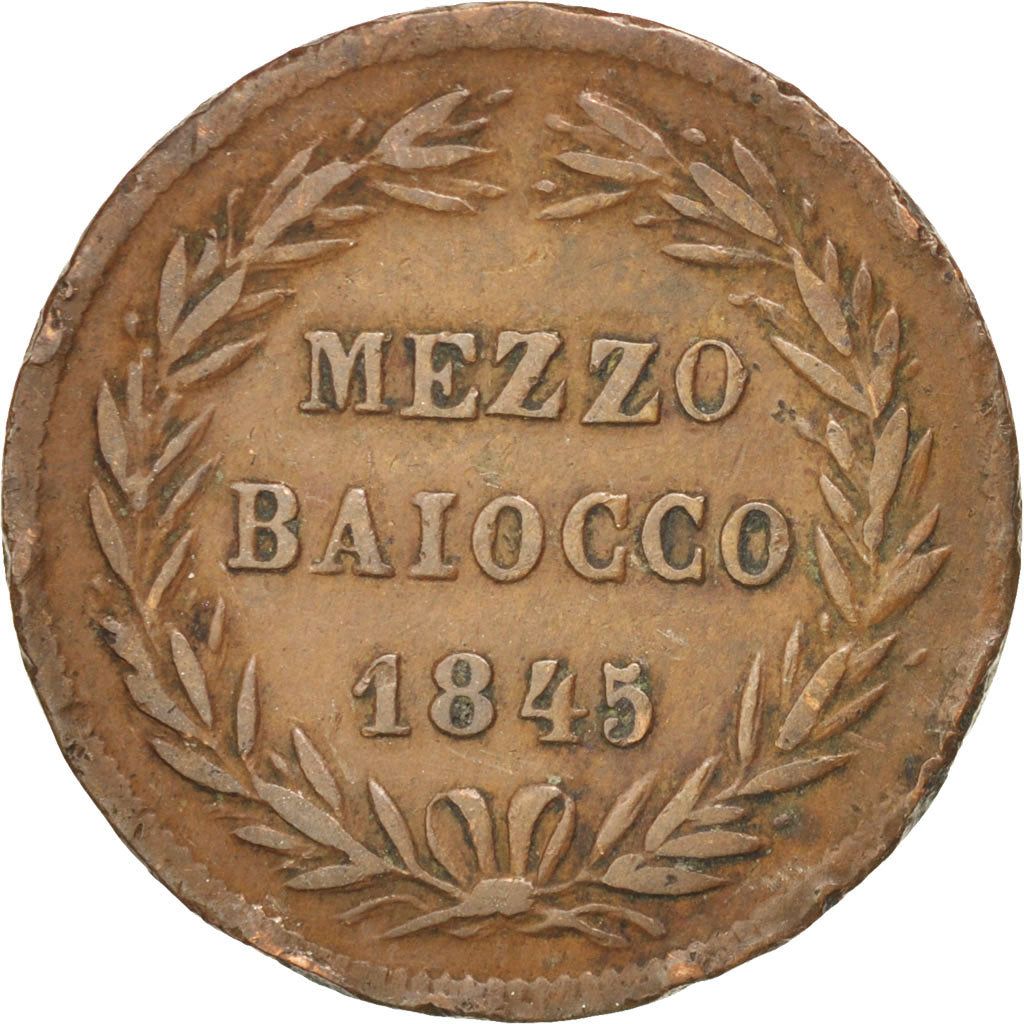ITALIAN STATES, Mezzo (1/2) Baiocco, 1845, Roma, KM #1319, EF(40-45), Copper,...