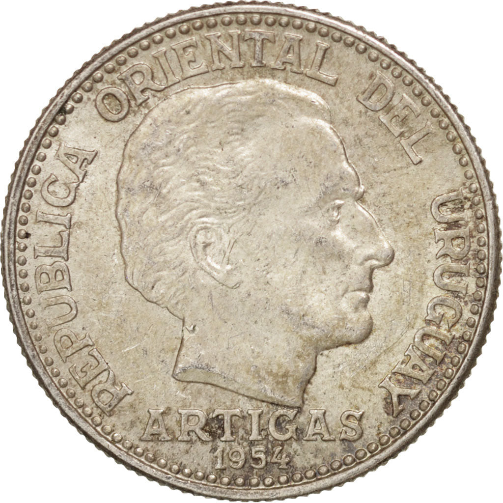 URUGUAY, 20 Centesimos, 1954, Utrecht, KM #36, AU(55-58), Silver, 18.5, 2.99
