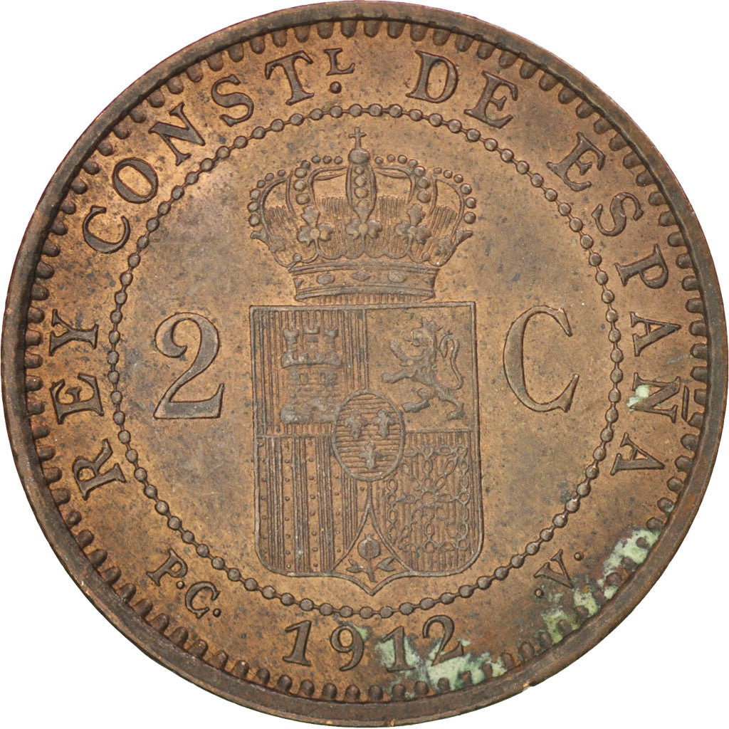 Spain, 2 Centimos, 1912, KM #732, AU(50-53), Copper, 20, 2.08
