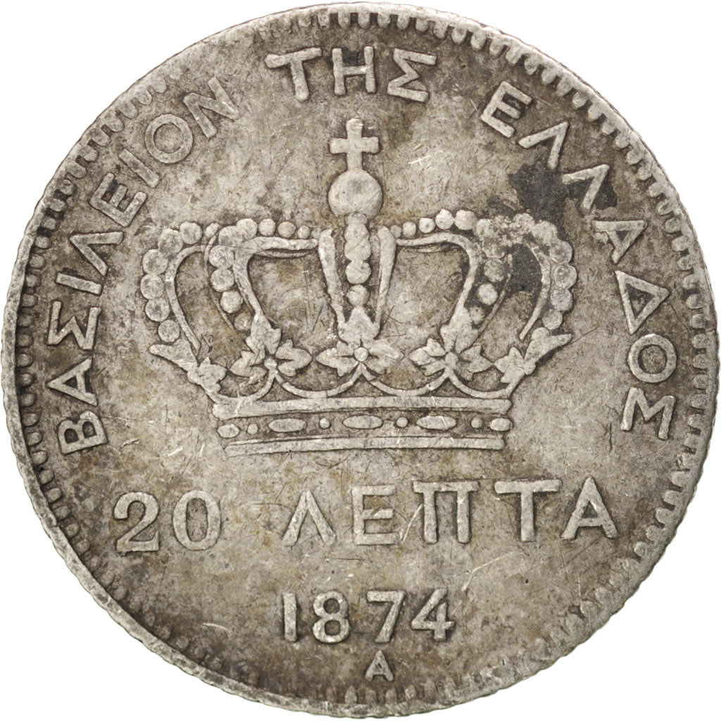GREECE, 20 Lepta, 1874, Paris, KM #44, VF(30-35), Silver, 0.96