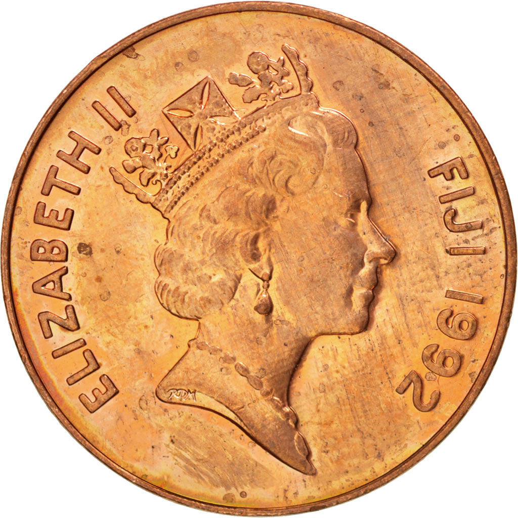 Coin, Fiji, Elizabeth II, 2 Cents, 1992, MS(60-62), Copper Plated Zinc, KM:50a