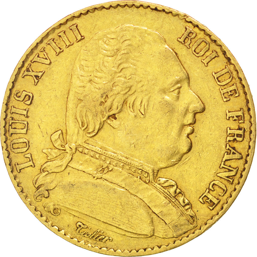 FRANCE, Louis XVIII, 20 Francs, 1814, Paris, KM #706.1, EF(40-45), Gold,...