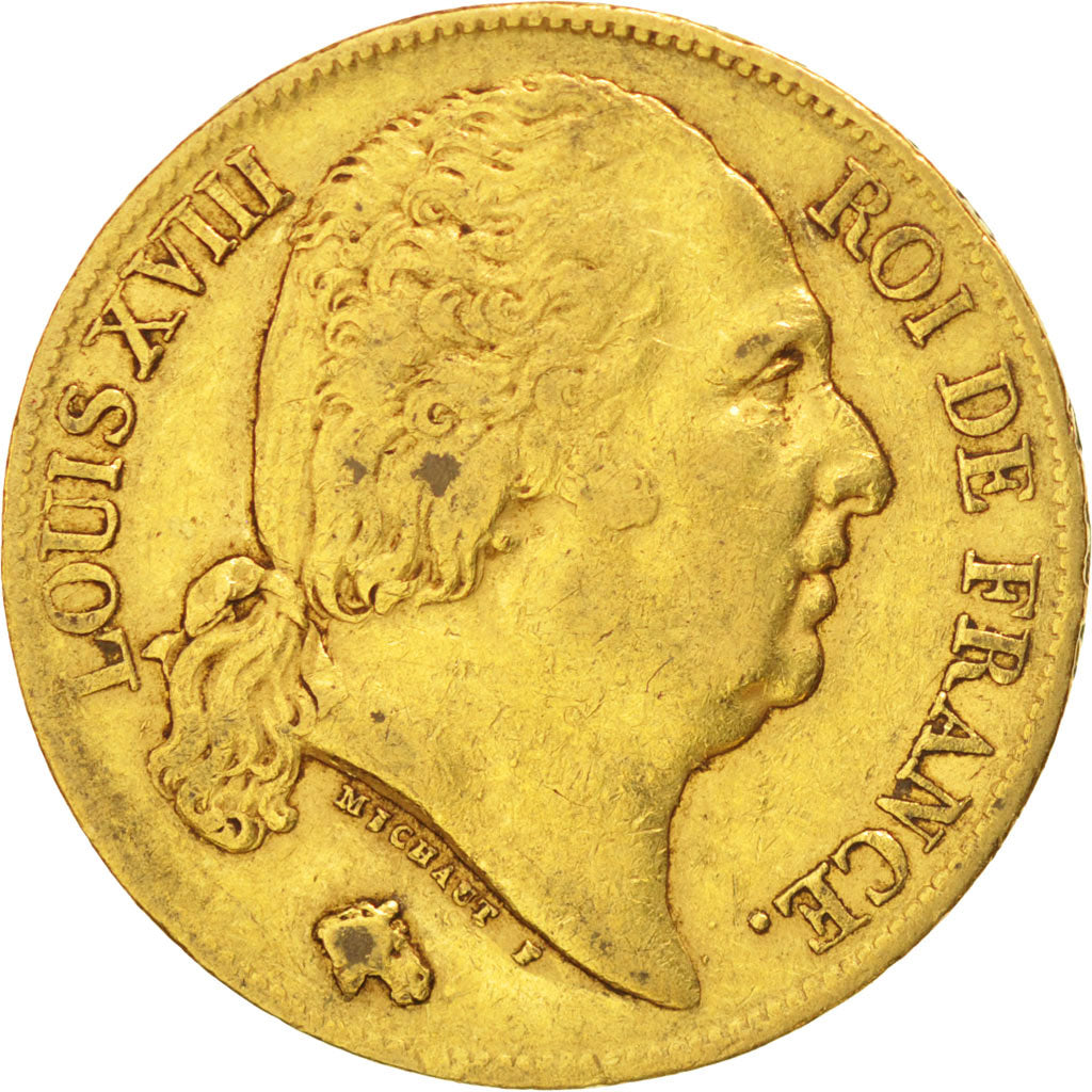 FRANCE, Louis XVIII, 20 Francs, 1820, Paris, KM #712.1, EF(40-45), Gold,...