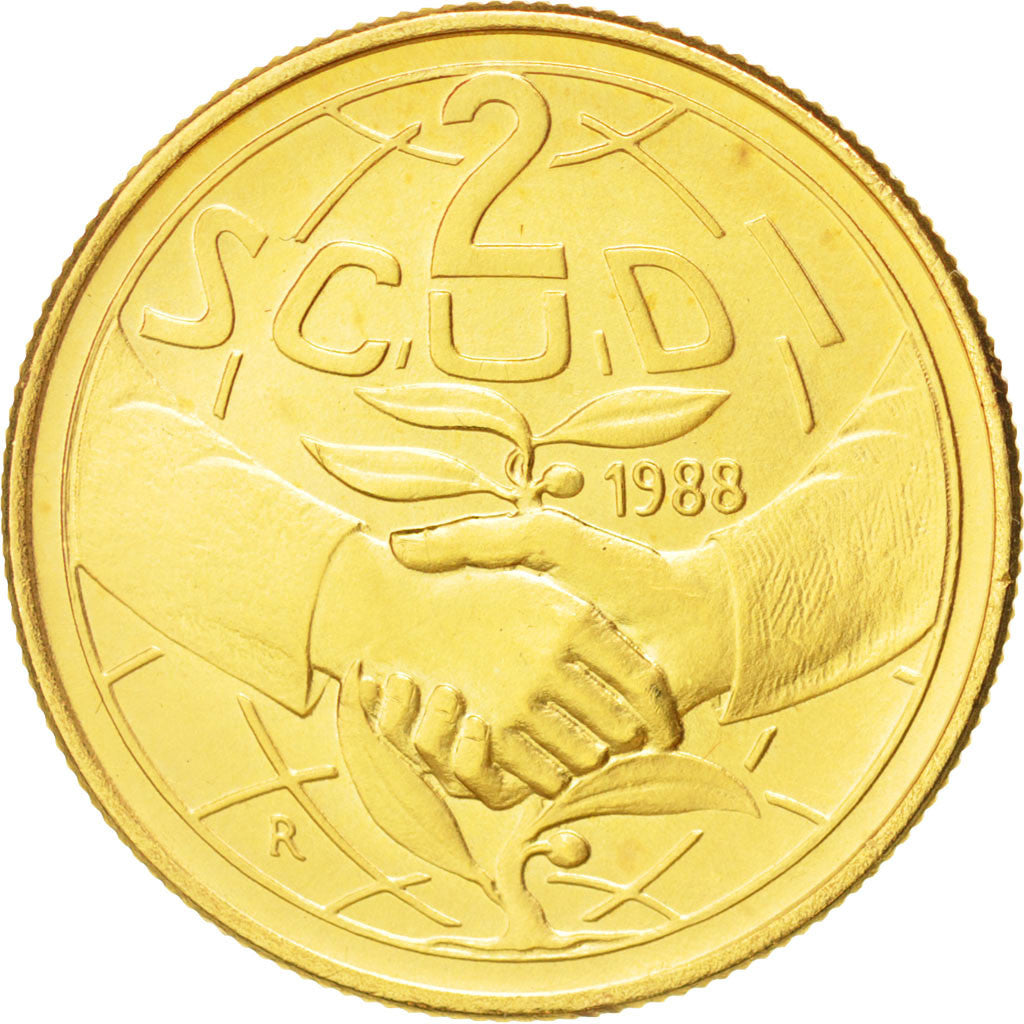 Coin, San Marino, 2 Scudi, 1988, MS(64), Gold, KM:229