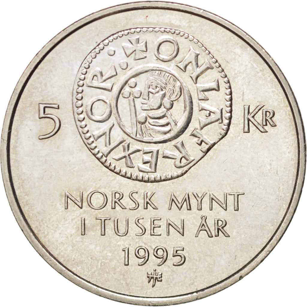 NORWAY, 5 Kroner, 1995, KM #456, MS(63), Copper-Nickel, 29.5, 11.39