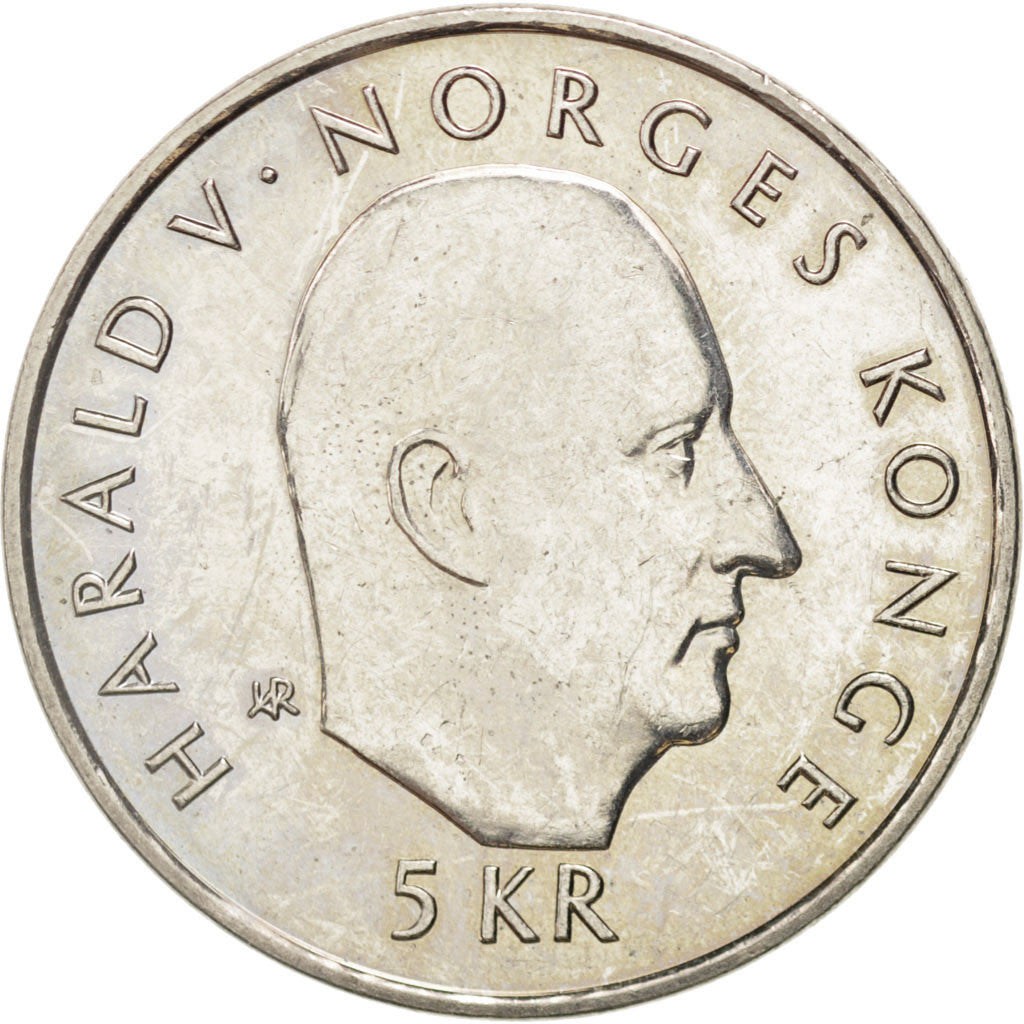 NORWAY, 5 Kroner, 1995, KM #458, MS(60-62), Copper-Nickel, 29.5, 11.63