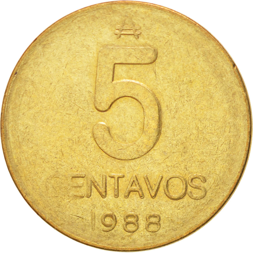ARGENTINA, 5 Centavos, 1988, KM #97.2, AU(55-58), Brass, 23, 4.08
