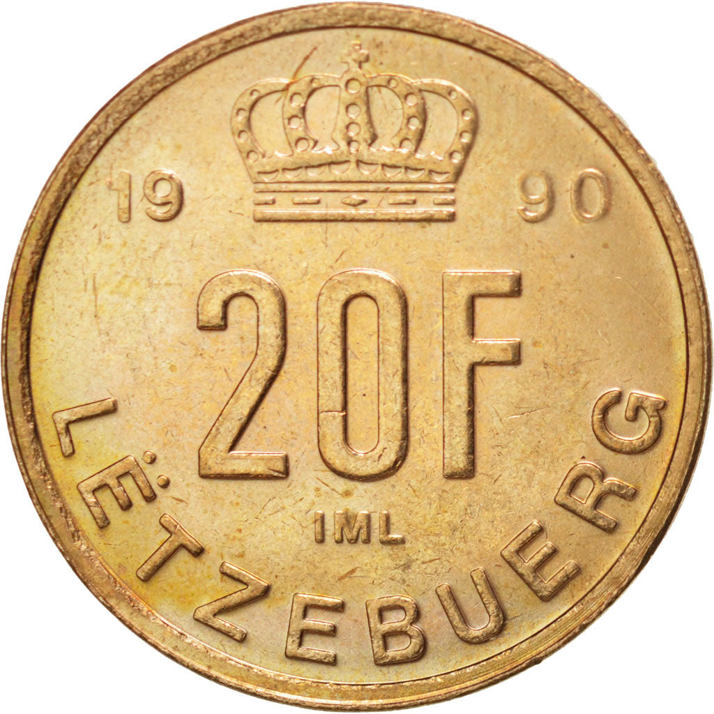 LUXEMBOURG, 20 Francs, 1990, KM #67, MS(63), Aluminum-Bronze, 25.65, 8.48