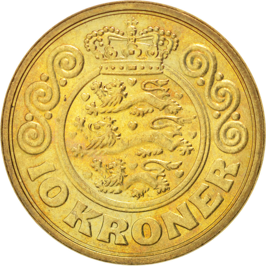 Coin, Denmark, Margrethe II, 10 Kroner, 1989, MS(63), Aluminum-Bronze, KM:867.1