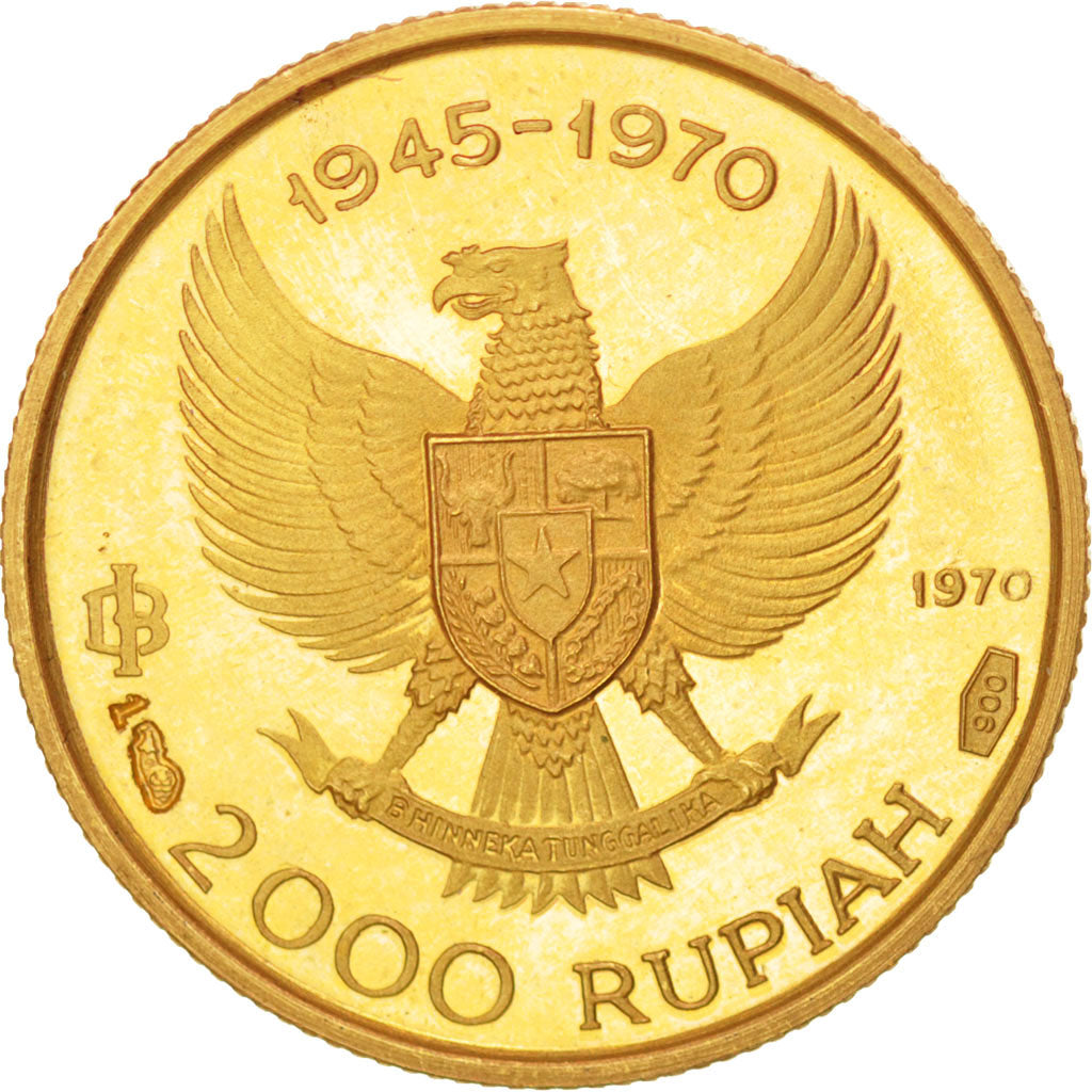 INDONESIA, 2000 Rupiah, 1970, KM #28, AU(55-58), Gold, 4.87