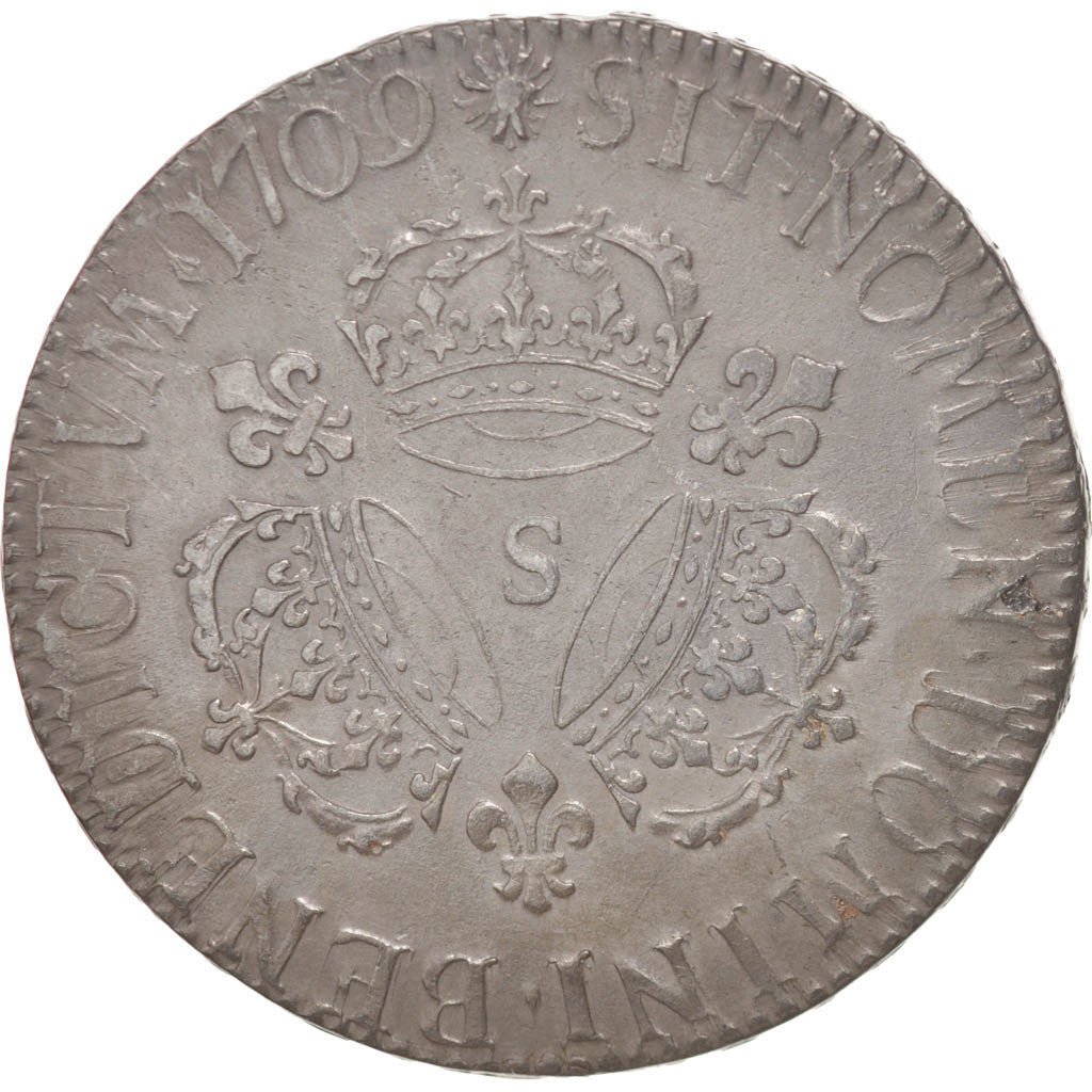 Moneta, Francja, Louis XIV, Écu aux 3 couronnes, Ecu, 1709, Reims, AU(50-53)