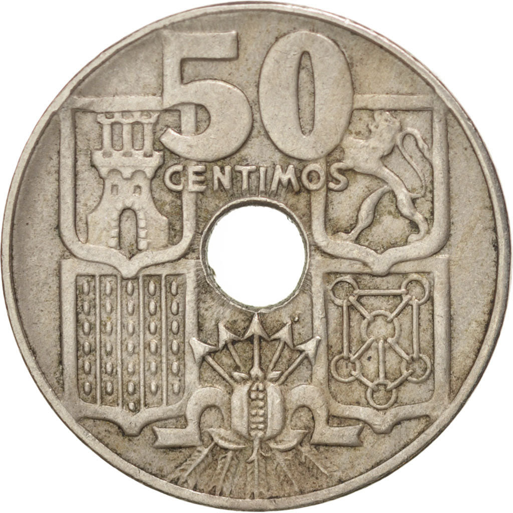 SPAIN, 50 Centimos, 1949, KM #777, EF(40-45), Copper-Nickel, 21, 4.23
