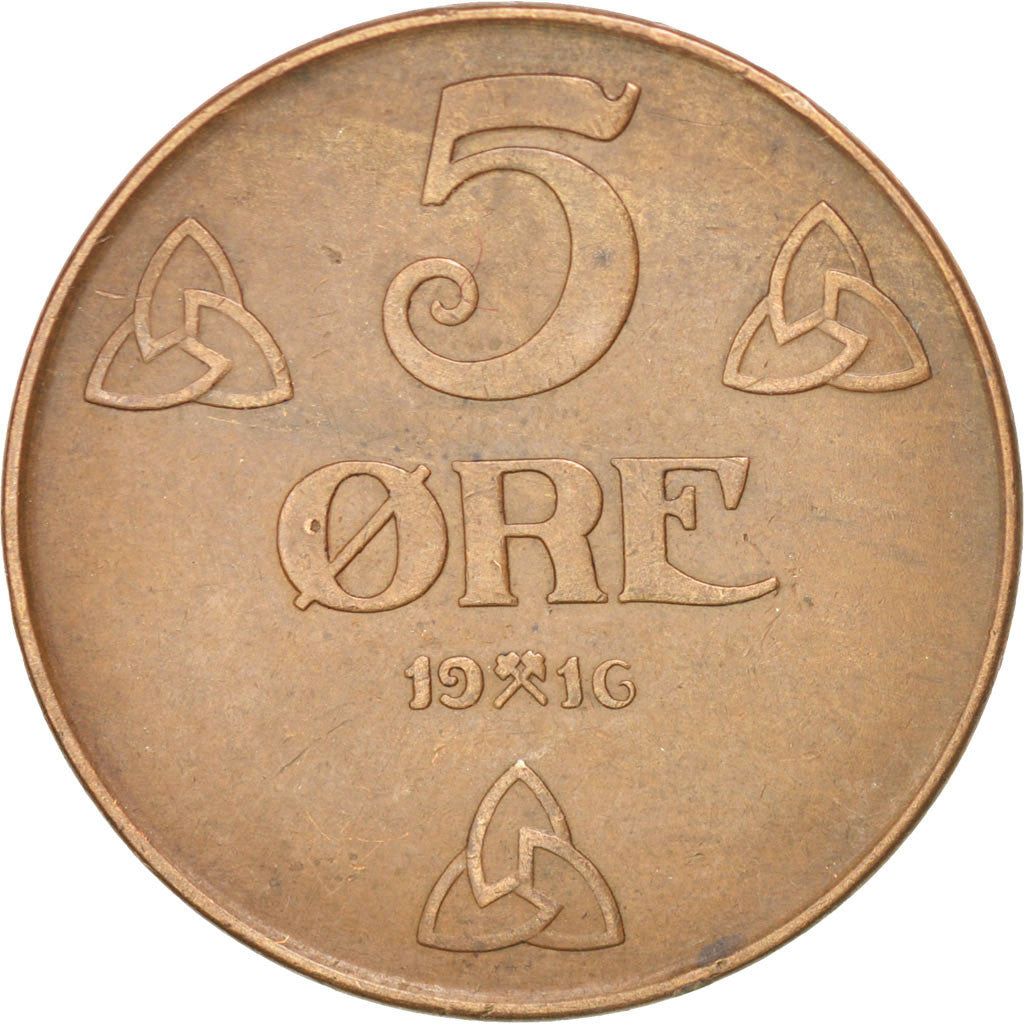NORWAY, 5 Ore, 1916, Kongsberg, KM #368, EF(40-45), Bronze, 27, 8.03