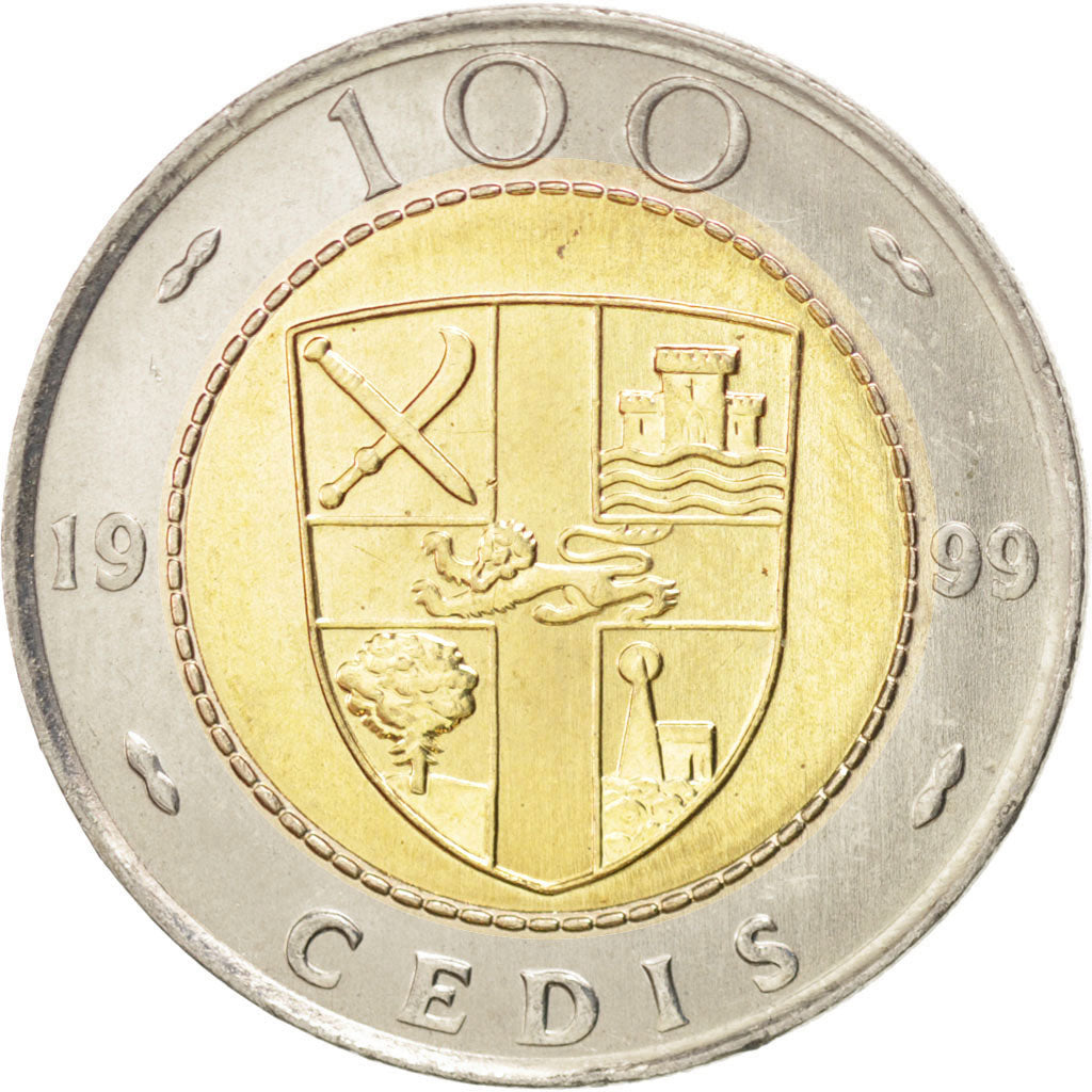GHANA, 100 Cedis, 1999, KM #32, MS(63), Bi-Metallic, 26, 6.56