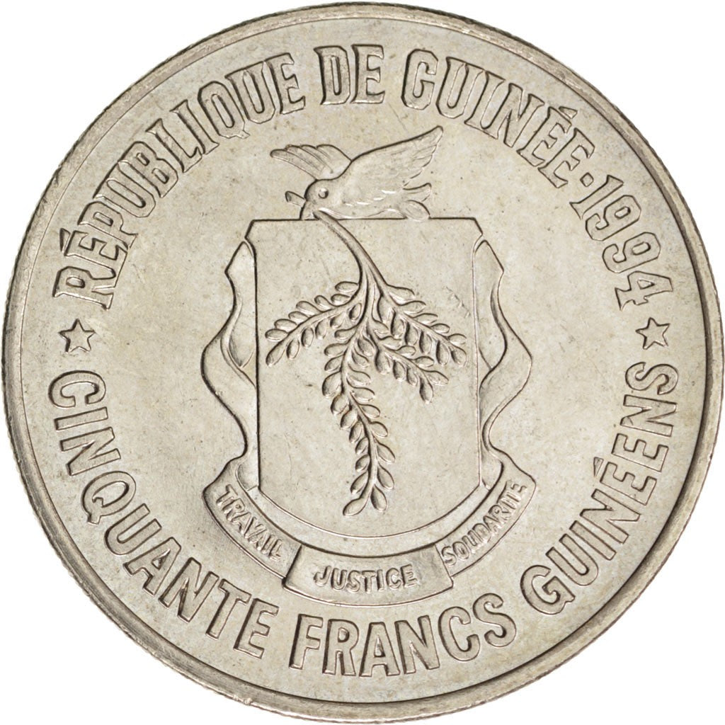GUINEA, 50 Francs, 1994, KM #63, MS(63), Copper-Nickel, 7.03