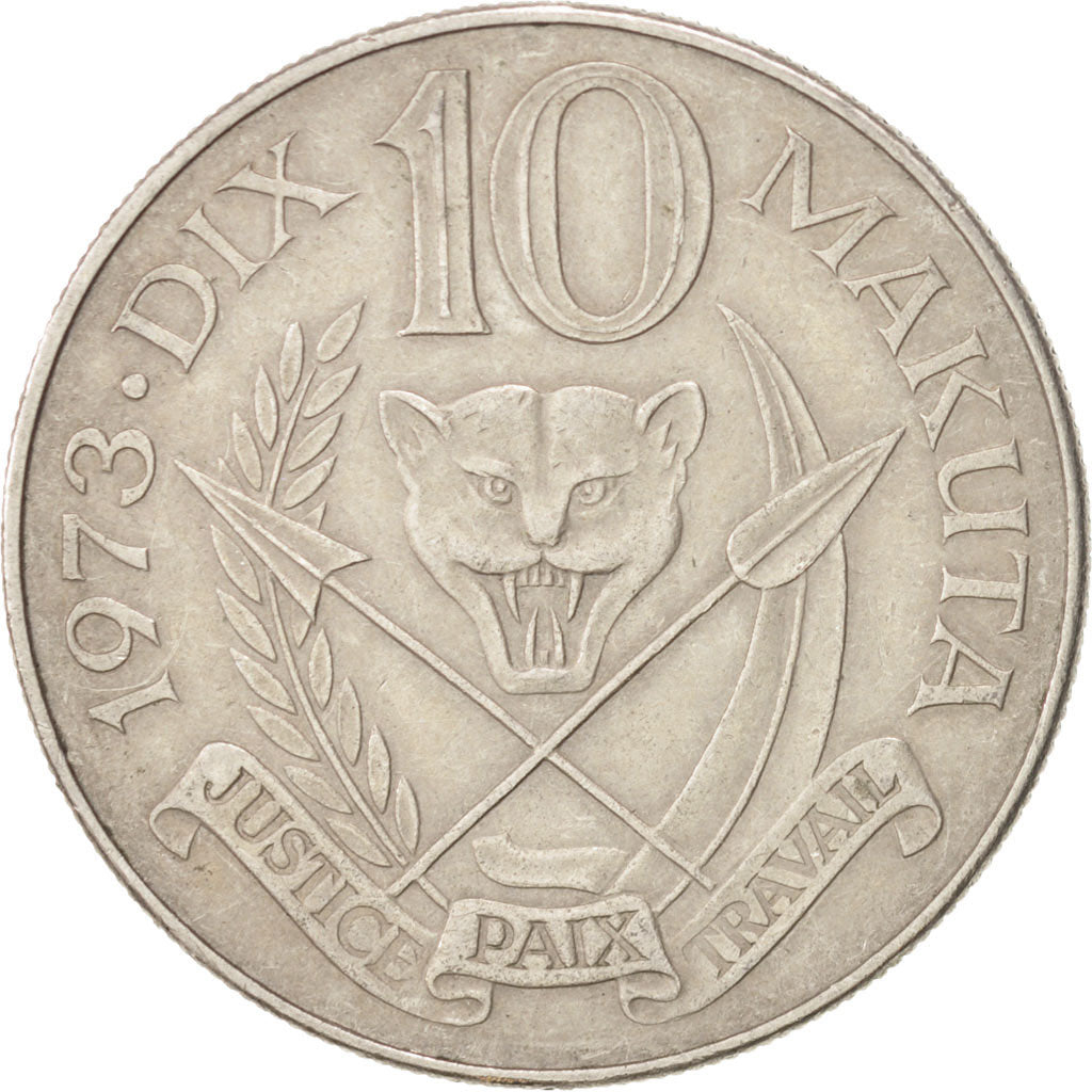 ZAIRE, 10 Makuta, 1973, KM #7, EF(40-45), Copper-Nickel, 8.96