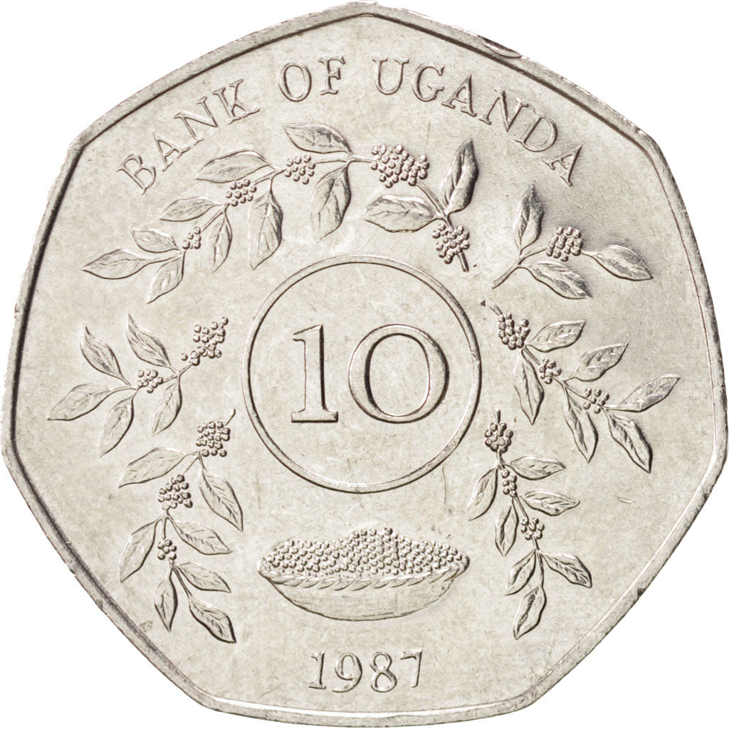 Coin, Uganda, 10 Shillings, 1987, MS(63), Nickel plated steel, KM:30