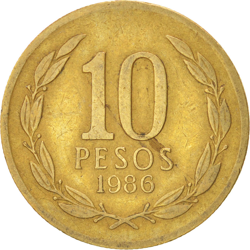 Moneda, Chile, 10 Pesos, 1986, MBC, Aluminio - bronce, KM:218.1