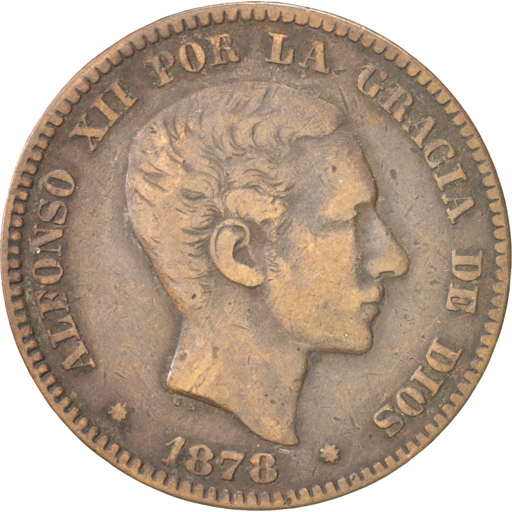 Moneda, España, Alfonso XII, 10 Centimos, 1878, BC+, Bronce, KM:675