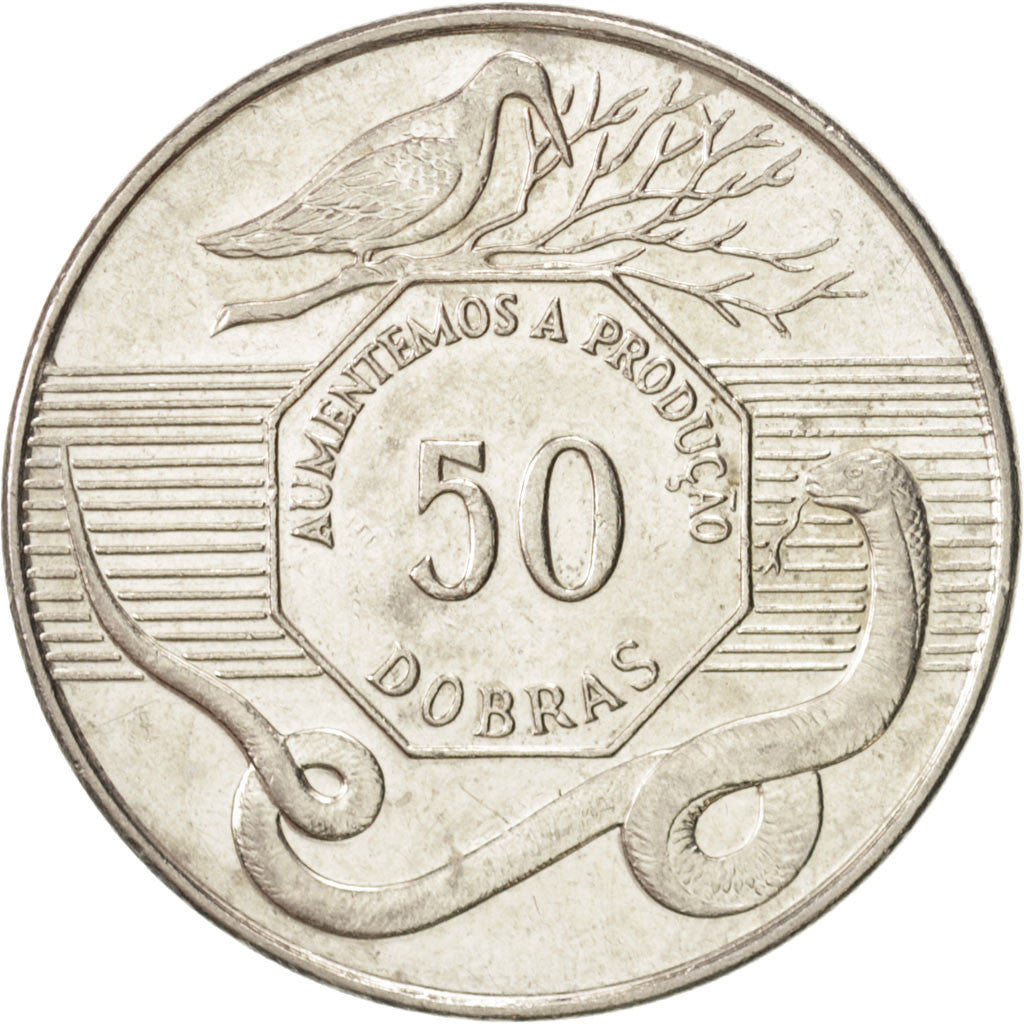 SAINT THOMAS & PRINCE ISLAND, 50 Dobras, 1990, KM #52, AU(50-53), Copper-Nickel.